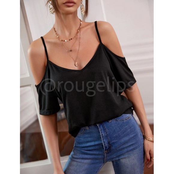 Black Casual Tee Shirt Cold Shoulder Short Sleeve - Picture 12 of 13